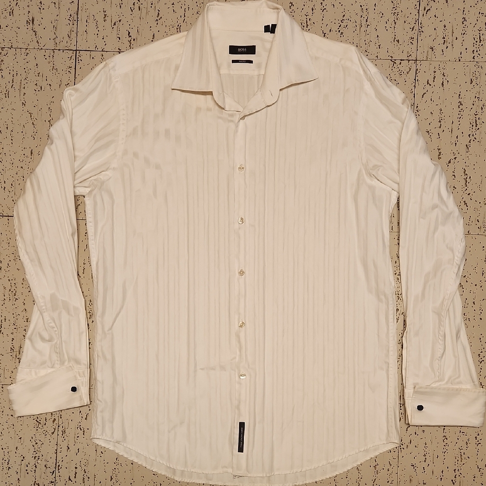 Hugo Boss White Two Ply Button Down Long Sleeve Stripe Dress Shirt